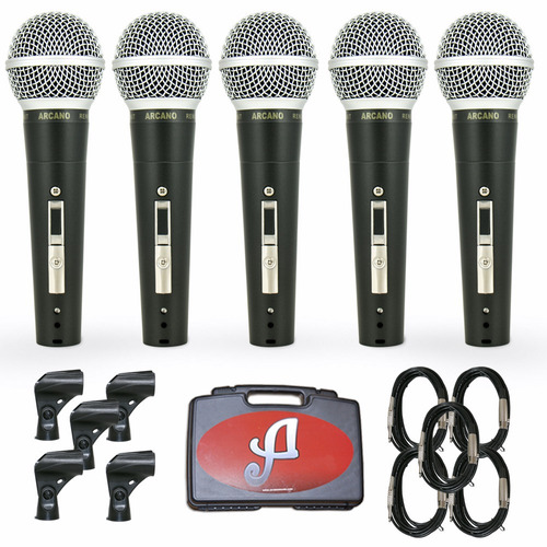 5 Microfones Arcano Renius-8 Kit Cabos Xlr-p10 + 5 Pedestais
