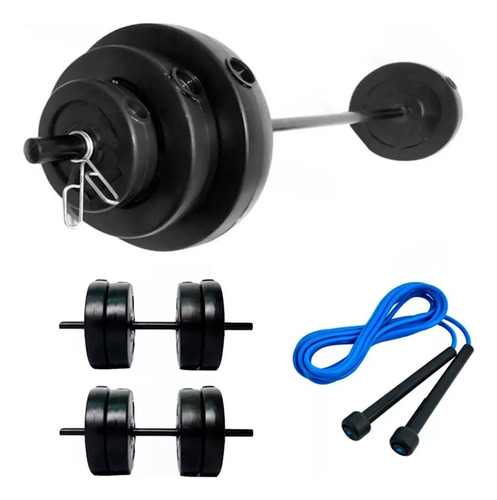 Barra + 2 Mancuernas + 30 Kg En Discos Pesas Fitness Set Kit