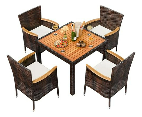 Set De Comedor De Patio De 5 Piezas Con Mesa De Madera Y Coj