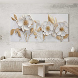 Quadro Sala Floral Branca E Dourada Floral Decorativo 160x90