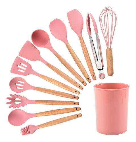 Set X12 Kit Utensilios De Cocina Mango Madera Punta Silicona