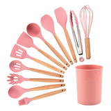 Set X12 Kit Utensilios De Cocina Mango Madera Punta Silicona