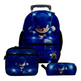 Kit Mochila Infantil Masculina Rodinha Sonic Aulas 3 Pçs