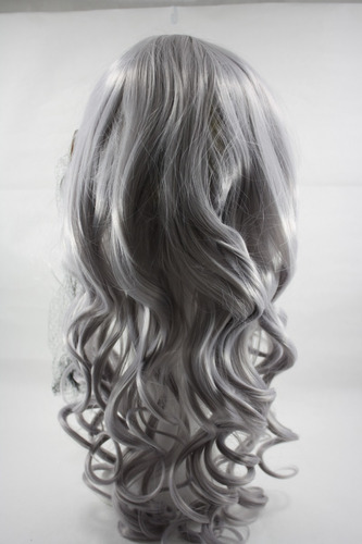 Peluca Con Flequillo Cabello Ondulado Color Gris Platinado