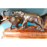 Escultura Elefante Petit Bronce Base Madera Nogal Maciza 35c