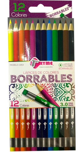 Lapices Colores Borrables Tryme 3.0mm Caja C/12 Piezas