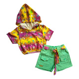 Conjunto Infantil Para Menina Short E Croped Com Capuz