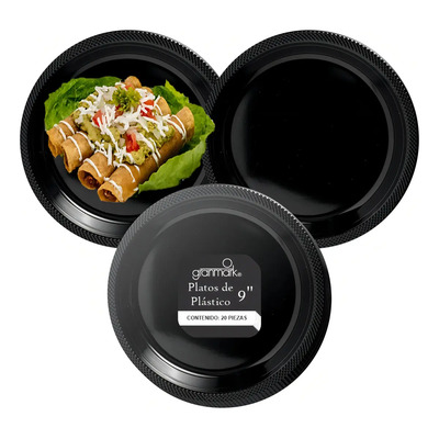 Plato Grande De Plástico Desechable Granmark - 20 Piezas Color Negro