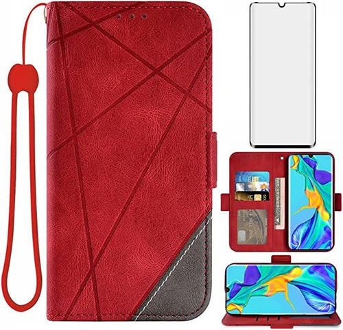 Funda Cuero Billetera Huawei P30 Pro + Protect De Pant Rojo