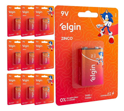 10 Baterias Zinco 9v Elgin