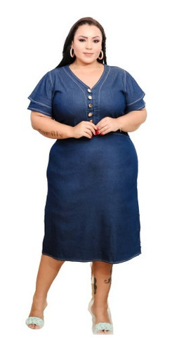 Vestido Jeans Plus Size Social Estilo Midi Camila