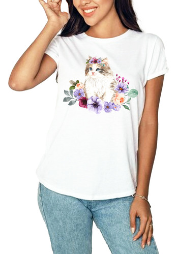 Remera Dama Mujer Street Mascota Con Flores Gato Gatito #09