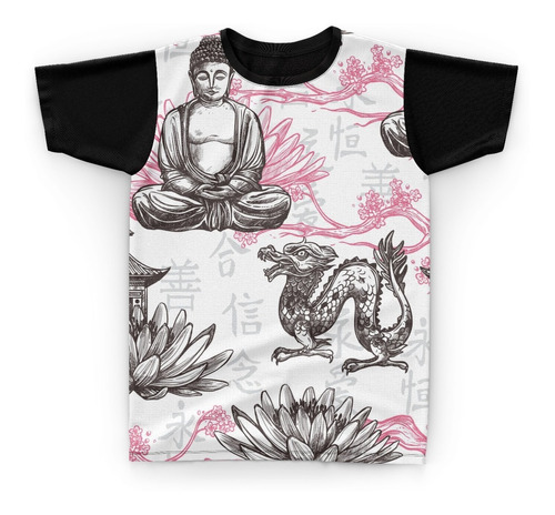Camiseta Camisa Buda Dragão Chinês Oriental Flores Japão