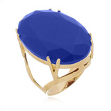 Anel Pedra Oval Azul Maxi Grande Banhado A Ouro 18k