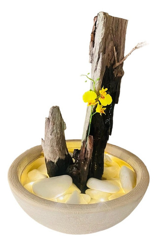Cascata Luxo Decorativa Com Madeira Natural E Vaso Cerâmica