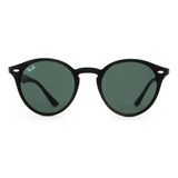 Óculos De Sol Ray-ban Round Rb2180 Large Armação De Propionato Cor Polished Black, Lente Green De Plástico Clássica, Haste Polished Black De Propionato