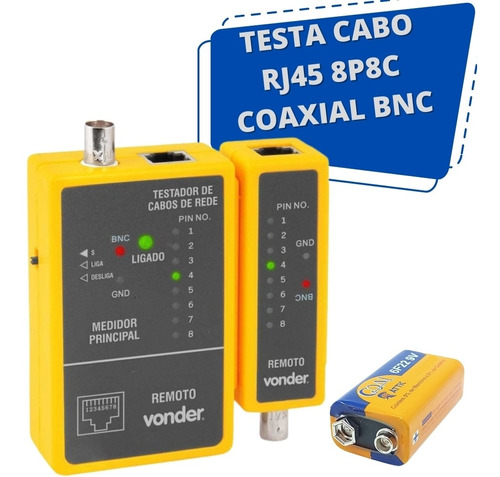 Testador Cabo Rede Rj45 Coaxial Bnc Master Remoto + Bateria