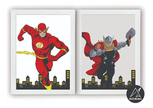 Flash E Thor Super Heróis Tam 33cmx24cm Com Moldura E Vidro