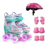 Patins Quad Lindo Tam. Ajustável + Kit Proteção Rodinhas Led