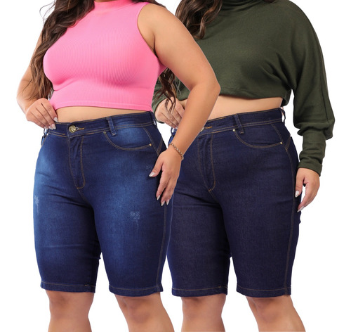 Kit Com 2 Bermudas Feminina Jeans Com Lycra Plus Size Oferta