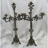 Antiguo Par Candelabros Bronce Plateado 6 Velas Cruces 50cm