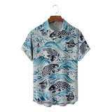 Camisa Hawaiana Unisex Japonesa Azul Koi, Camisa De Playa Pa