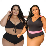 Kit Biquíni Maiô Plus Size Cintura Alta Bojo Praia Verão