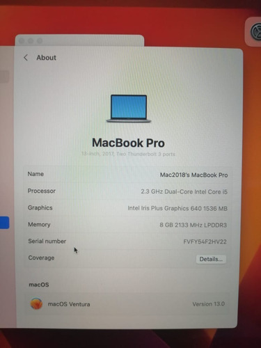 Macbook Pro A1708 13  2018 I5 8gb Ram 128gb Ssd Gpu Iip 640