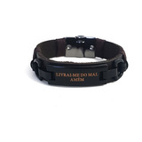 Pulseira Masculina Couro Marrom Placa Livrai-me Do Mal Amem