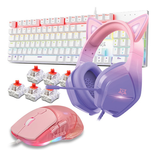 Kit Teclado E Mouse Mecanico Abnt2 Headset Gamer Rainbow 