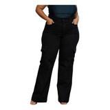 Calca Feminina Wide Leg Cargo Preta Elastano Plus Size