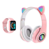 Fone De Gatinho Bluetooth Led Infantil + Smartwatch Brinde