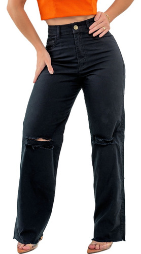 Calça Wide Leg Jeans Destroyed Jeans Pantalona Larga Rasgada