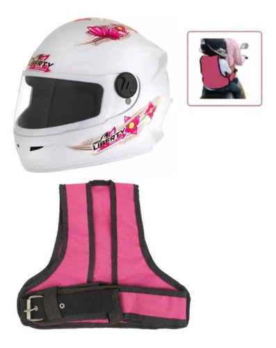 Kit Colete Cinto Segurança Infantil Rosa P/ Moto + Capacete 