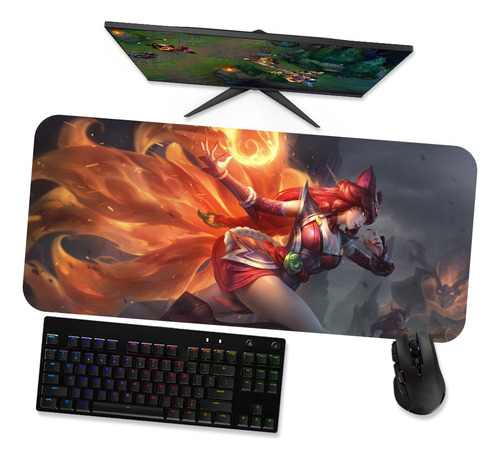 Mousepad Gamer Grande 90x40 Cm -ahri Raposa De Fogo 1