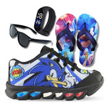 Tênis Infantil De Led Sonic Boom + Chinelo+ Relogio + Oculos