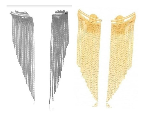 2 Brinco Ear Cuff Franja Longo Semijoias Prata E Ouro Folhea