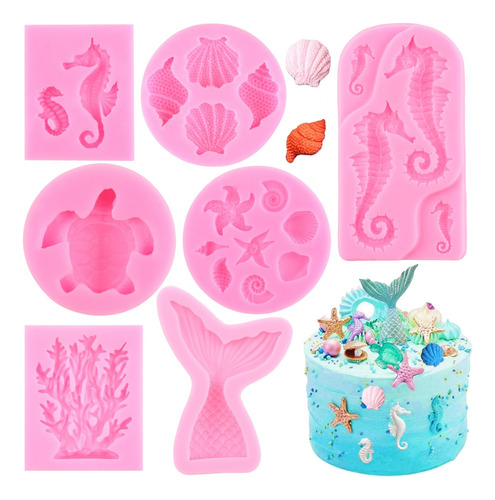 7pcs Molde De Silicon Coral Tortuga Caballito De Mar Fondant