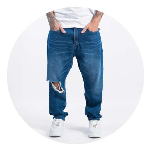 Jeans Azul Mom Roto Rigido Hombre