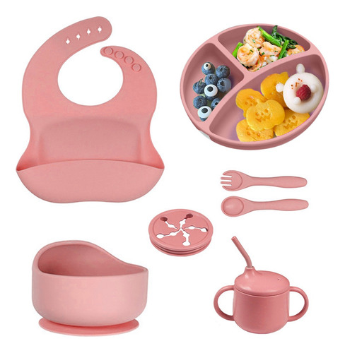 Kit 8 Alimentação Bebê Silicone Prato Babador Alimentar