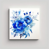 70x70cm Lienzo Hermoso Clásico Azul Floral Bastidor Madera