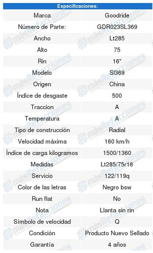 2llantas Sl369 Goodride 75 Gdr023sl369 Lt285 R16 122/119q