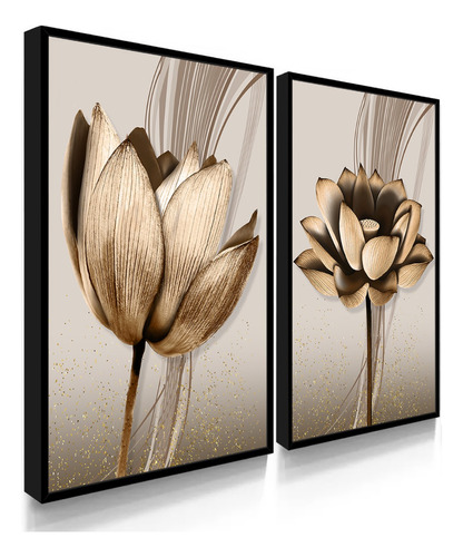 Dupla Quadros Decorativos Flores Ton Cobre Gold Sala Folhas