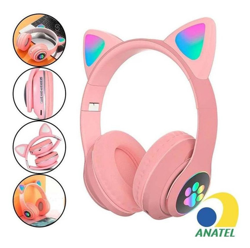 Headphone Orelha De Gato Bluetooth Gatinho Rosa Mulheres