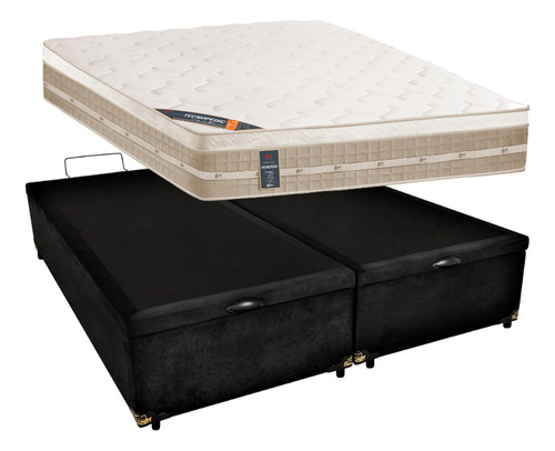 Cama Box Baú Queen Com Colchão Molas Castor Hibrido 158x198 Cor Suede Preto