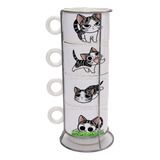 Set Pocillos Gato Chi  X4 Unidades Mugs Apilables Taza