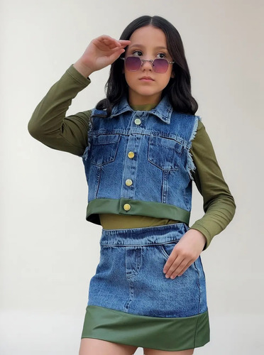 Conjunto Inverno Meninas 2 A 14 Anos Colete Blusa Saia Jeans