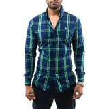 Camisa Hombre Casual Slim Fit Marino Cuadros Verdes Alexis R