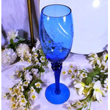 Antigua Copa Champagne De Vidrio Azul Tallado Uvas 23 Cm