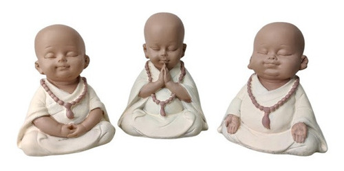 Trio Monge Criança Três Budas Bebê Marrom Em Resina Branco